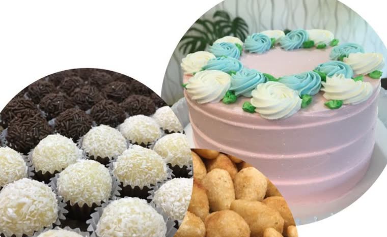 Kit Só um Bolinho: bolo, docinhos e salgadinhos